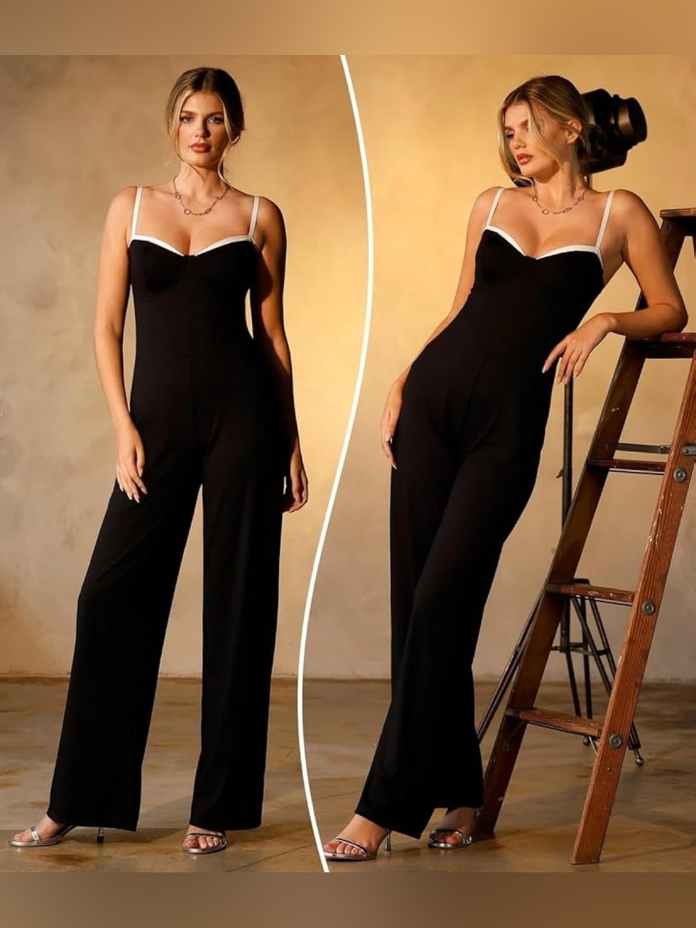 NWT Popilush Built-In Shapewear Contrast Trim Formal Wide-Leg Dressy Jumpsuit - Picture 5 of 14